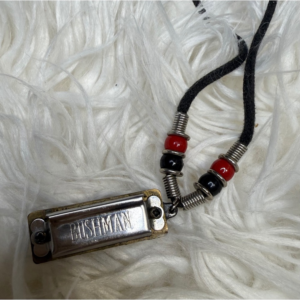 Bushman Miniature Harmonica Necklace Black Cord Red Black Beads Musical Jewelry